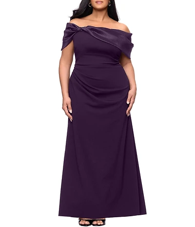 Betsy & Adam Plus Size Ruched Waist Off The Shoulder Long Dress