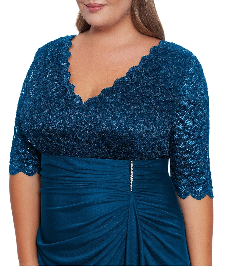 Betsy & Adam Plus Size Sequin Lace V-Neck 3/4 Sleeve Gown