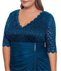 Betsy & Adam Plus Size Sequin Lace V-Neck 3/4 Sleeve Gown