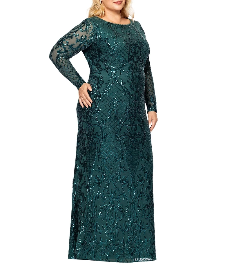 Betsy & Adam Plus Size Sequin Round Neck Long Sleeve Gown