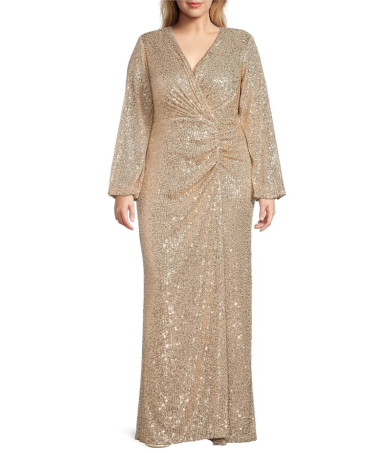 Betsy & Adam Plus Size Sequin V-Neck Wrap Long Sleeve Ruched Gown