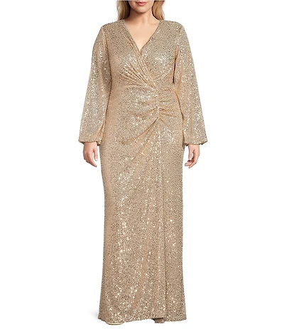Betsy & Adam Plus Size Sequin V-Neck Wrap Long Sleeve Ruched Gown