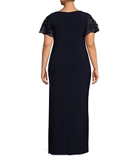 Betsy & Adam Plus Size Short Sequin Flutter Sleeve V-Neck Dress