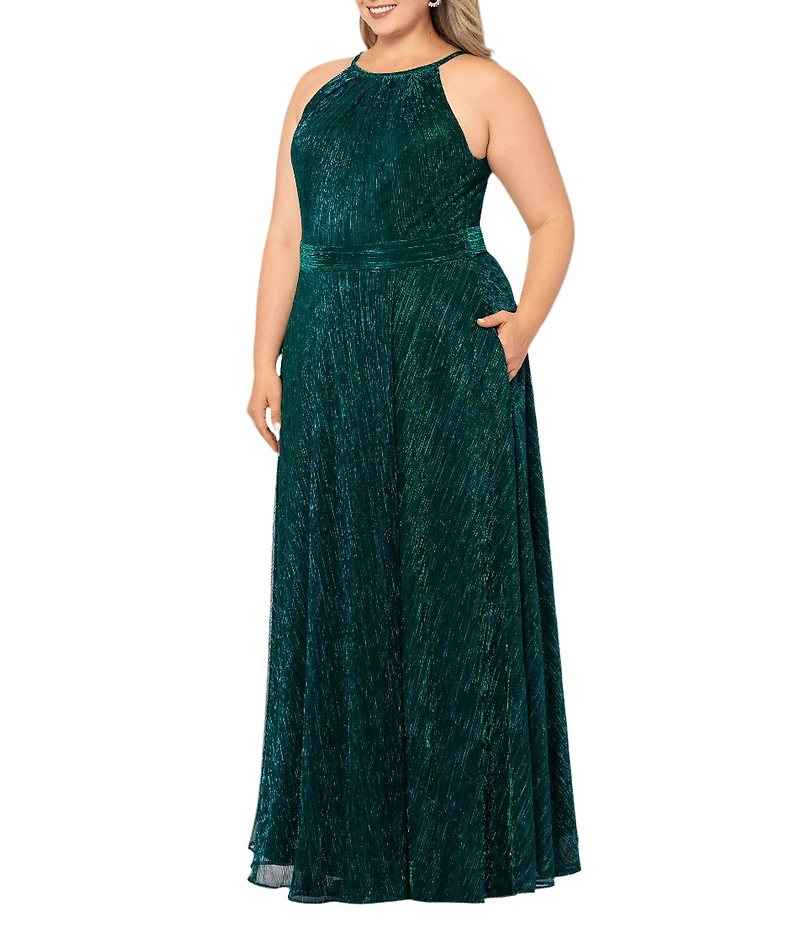Betsy & Adam Plus Size Sleeveless Halter Neck Metallic Gown