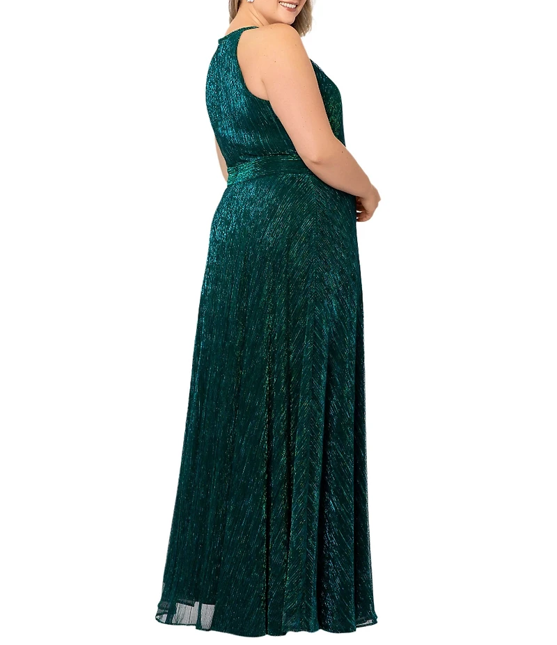 Betsy & Adam Plus Size Sleeveless Halter Neck Metallic Gown