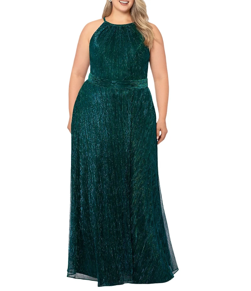 Betsy & Adam Plus Size Sleeveless Halter Neck Metallic Gown