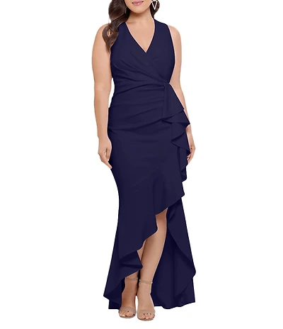 Betsy & Adam Plus Size Sleeveless V-Neck Cascade Ruffle Scuba Crepe Gown
