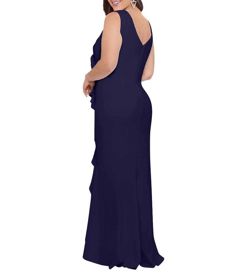 Betsy & Adam Plus Size Sleeveless V-Neck Cascade Ruffle Scuba Crepe Gown