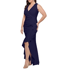 Betsy & Adam Plus Size Sleeveless V-Neck Cascade Ruffle Scuba Crepe Gown