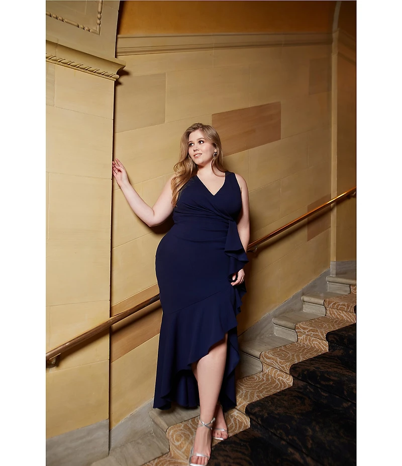 Betsy & Adam Plus Size Sleeveless V-Neck Cascade Ruffle Scuba Crepe Gown