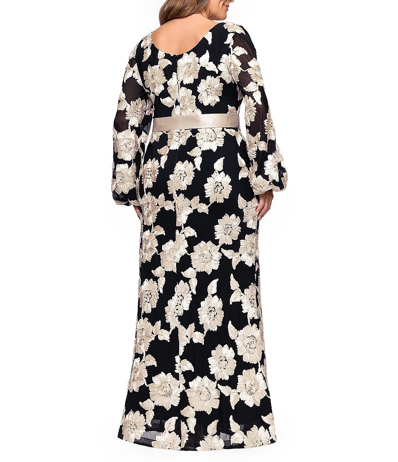 Betsy & Adam Plus Size Soutache Floral Print Long Sleeve Ribbon Belt Gown
