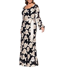 Betsy & Adam Plus Size Soutache Floral Print Long Sleeve Ribbon Belt Gown