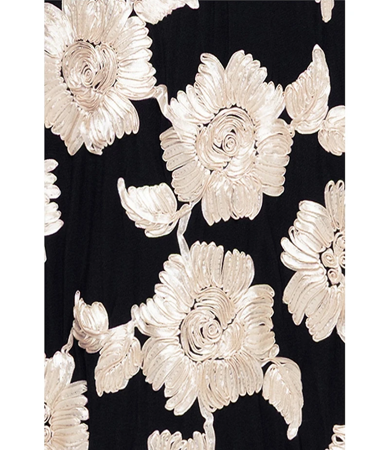Betsy & Adam Plus Size Soutache Floral Print Long Sleeve Ribbon Belt Gown