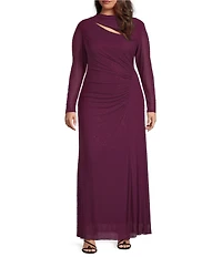 Betsy & Adam Plus Size Stone Power Mesh Long Sleeve Gown