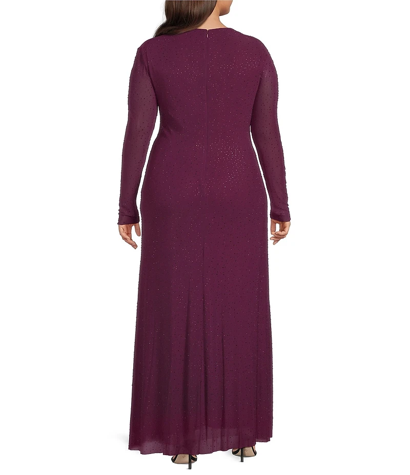 Betsy & Adam Plus Size Stone Power Mesh Long Sleeve Gown