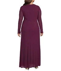 Betsy & Adam Plus Size Stone Power Mesh Long Sleeve Gown