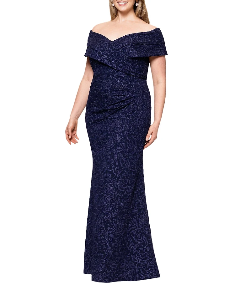 Betsy & Adam Plus Size Stretch Jacquard Off-the-Shoulder Dress