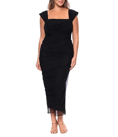 Betsy & Adam Plus Size Stretch Mesh Square Neck Sleeveless Boned Corset Ruched Dress