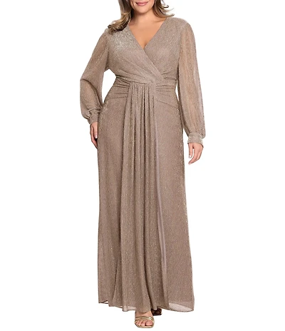 Betsy & Adam Plus Size Surplice Neck Draped Waist Long Sleeve Shimmer Dress