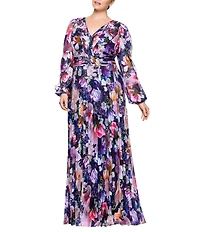 Betsy & Adam Plus Size V-Neck Long Sleeve Pleated Skirt Empire Waist Dress