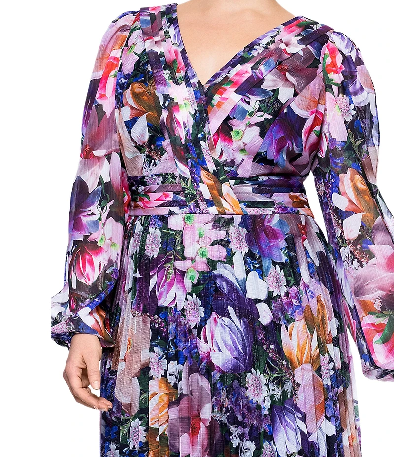Betsy & Adam Plus Size V-Neck Long Sleeve Pleated Skirt Empire Waist Dress