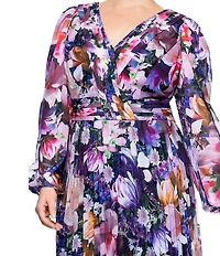 Betsy & Adam Plus Size V-Neck Long Sleeve Pleated Skirt Empire Waist Dress