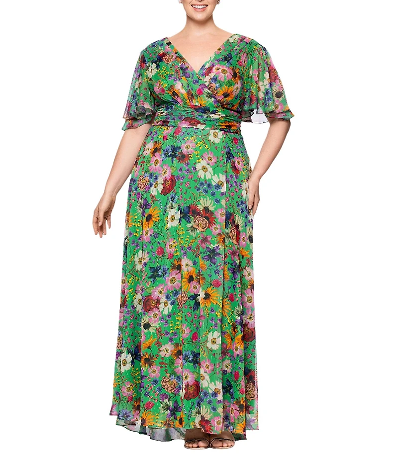 Betsy & Adam Plus Size V-Neck Short Flutter Sleeve Floral Chiffon Dress