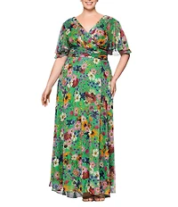 Betsy & Adam Plus Size V-Neck Short Flutter Sleeve Floral Chiffon Dress