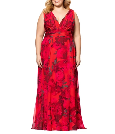 Betsy & Adam Plus Size V Neck Sleeveless A Line Chiffon Gown