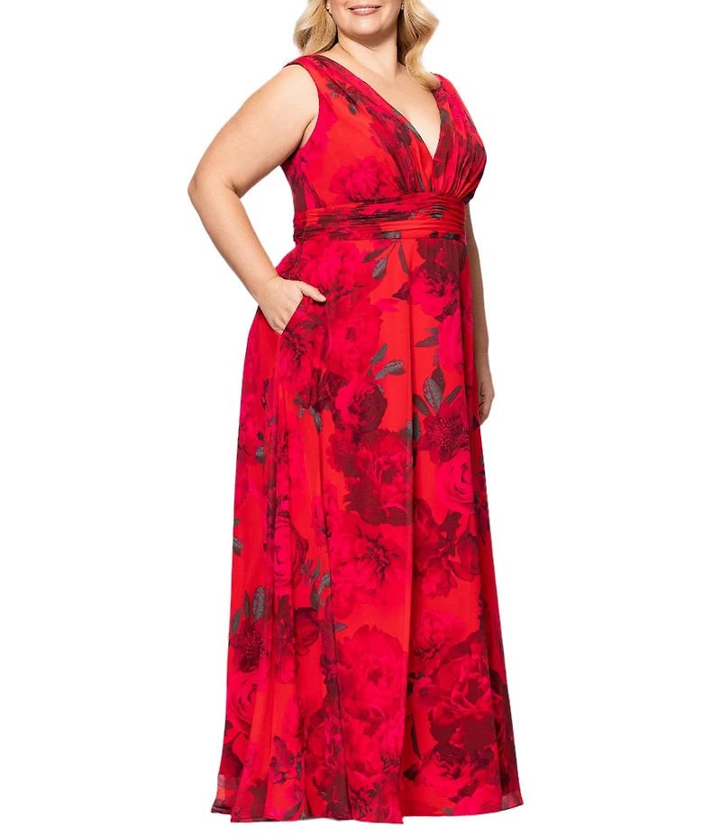 Betsy & Adam Plus Size V Neck Sleeveless A Line Chiffon Gown