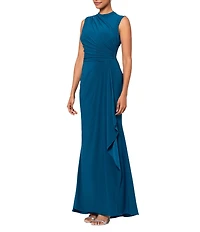 Betsy & Adam Ruched Mock Neck Sleeveless Gathered Pleat Gown