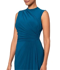 Betsy & Adam Ruched Mock Neck Sleeveless Gathered Pleat Gown