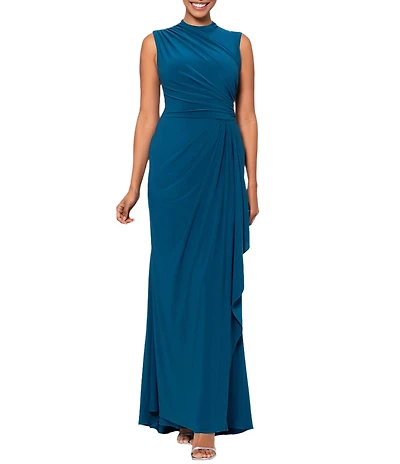 Betsy & Adam Ruched Mock Neck Sleeveless Gathered Pleat Gown