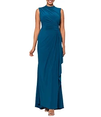 Betsy & Adam Ruched Mock Neck Sleeveless Gathered Pleat Gown