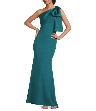 Betsy & Adam Satin Bow One Shoulder Scuba Crepe Sleeveless Mermaid Gown