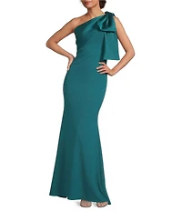 Betsy & Adam Satin Bow One Shoulder Scuba Crepe Sleeveless Mermaid Gown