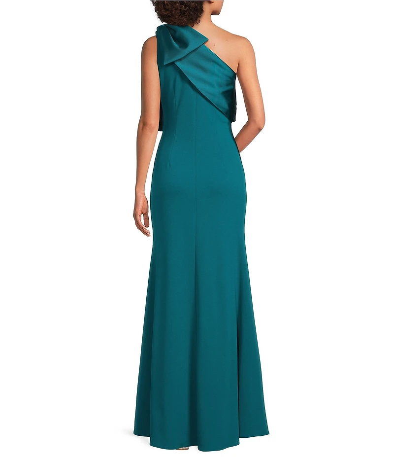Betsy & Adam Satin Bow One Shoulder Scuba Crepe Sleeveless Mermaid Gown