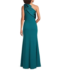 Betsy & Adam Satin Bow One Shoulder Scuba Crepe Sleeveless Mermaid Gown