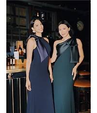 Betsy & Adam Satin Bow One Shoulder Scuba Crepe Sleeveless Mermaid Gown