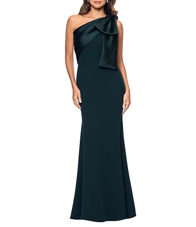 Betsy & Adam Satin Bow One Shoulder Scuba Crepe Sleeveless Mermaid Gown