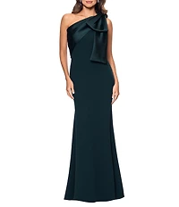 Betsy & Adam Satin Bow One Shoulder Scuba Crepe Sleeveless Mermaid Gown