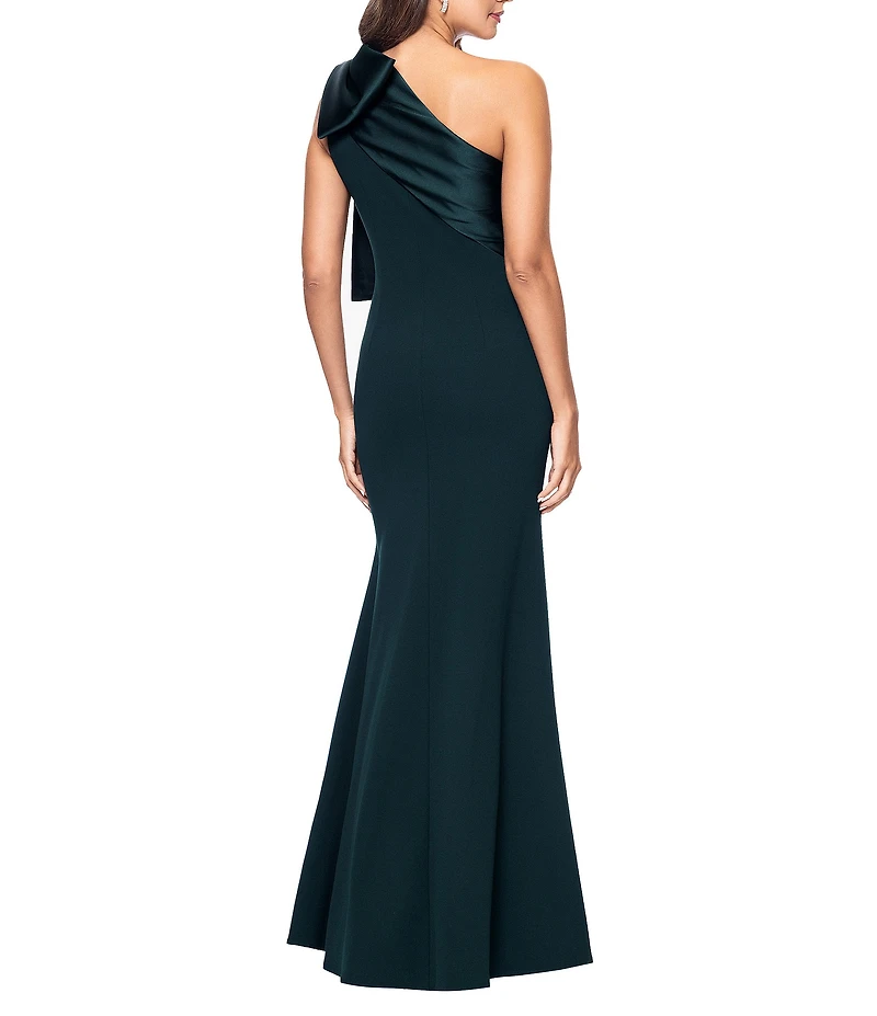 Betsy & Adam Satin Bow One Shoulder Scuba Crepe Sleeveless Mermaid Gown