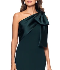 Betsy & Adam Satin Bow One Shoulder Scuba Crepe Sleeveless Mermaid Gown