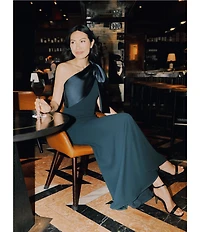 Betsy & Adam Satin Bow One Shoulder Scuba Crepe Sleeveless Mermaid Gown