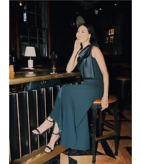 Betsy & Adam Satin Bow One Shoulder Scuba Crepe Sleeveless Mermaid Gown