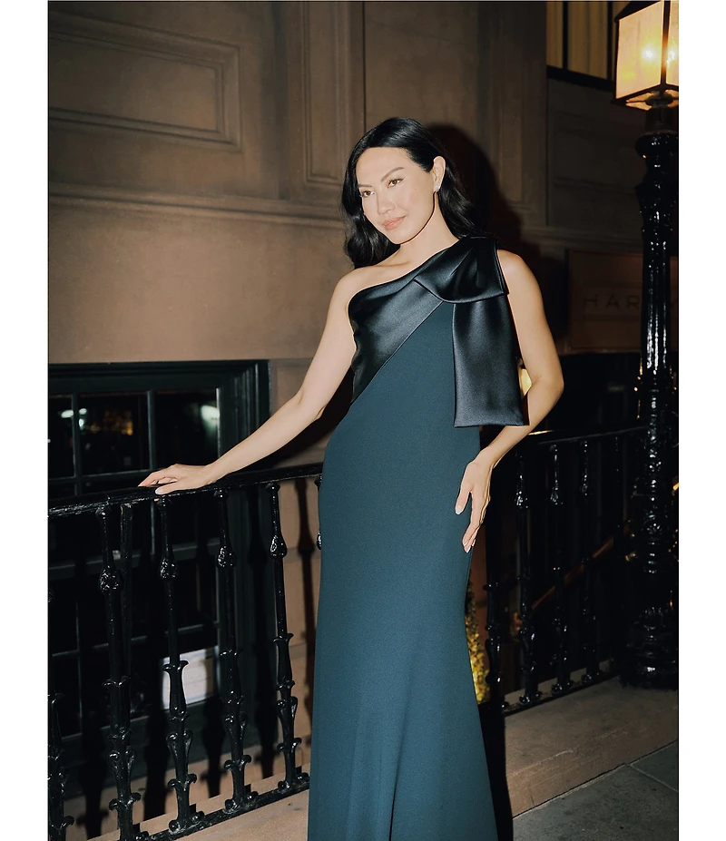Betsy & Adam Satin Bow One Shoulder Scuba Crepe Sleeveless Mermaid Gown