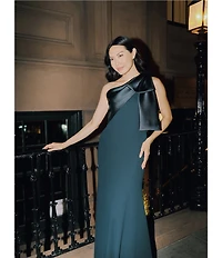 Betsy & Adam Satin Bow One Shoulder Scuba Crepe Sleeveless Mermaid Gown