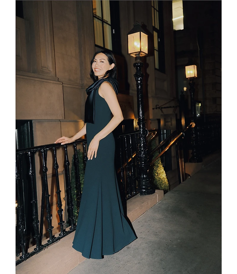 Betsy & Adam Satin Bow One Shoulder Scuba Crepe Sleeveless Mermaid Gown