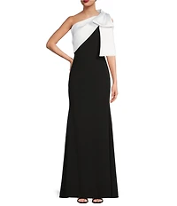 Betsy & Adam Satin Bow One Shoulder Scuba Crepe Sleeveless Mermaid Gown