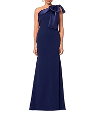 Betsy & Adam Satin Bow One Shoulder Scuba Crepe Sleeveless Mermaid Gown